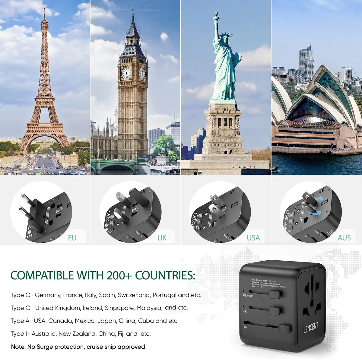 Universal Travel Adapter with Dual USB Ports - All-in-One Charger for EU, UK, USA, and AUS Plug Compatibility