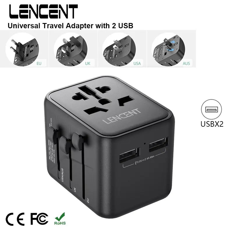 Universal Travel Adapter with Dual USB Ports - All-in-One Charger for EU, UK, USA, and AUS Plug Compatibility